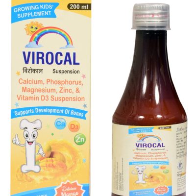 Virocal Suspension for Kids, Calcium, Phosphorus, Magnesium, Zinc & Vitamin D3 Supplement Supports Bone Health Mango Flavour Liquid, 200 ml Bottle (Pack of 2)